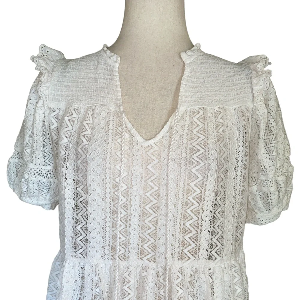 Mango MNG White Eyelet Lace Smocked Ruffle Tie Front Tassel Cropped Blouse - XS - Picture 3 of 9